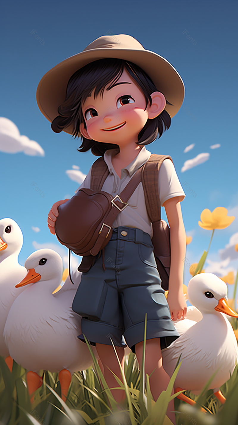 看鸭子的卡通人物数字艺术,插画/手绘图,插画/手绘图库,插画/手绘图下载,插画/手绘